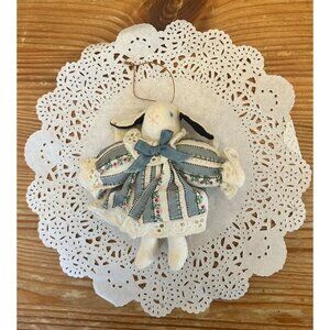 Vintage Handmade Fabric Bunny Blue Floral Eyelet Angel Wings Ornament Easter Spr